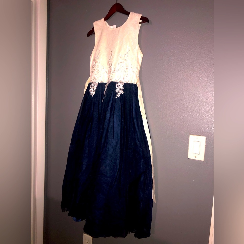 Navy Blue Cream off White Flower Girl Dress Floral Pattern Elegant Size 170 SM